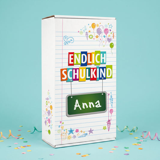 Geschenkkarton zur Einschulung - Endlich Schulkind mit Wunschnamen