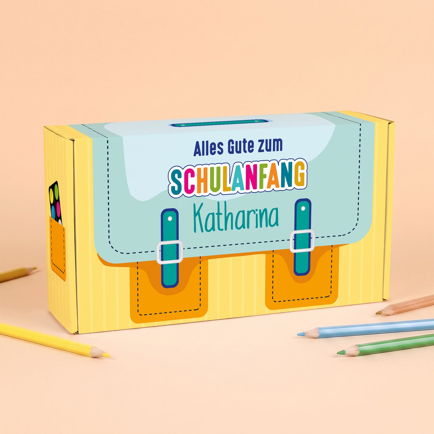 Geschenkverpackung zur Einschulung personalisiert mit Name | Schulranzen Design