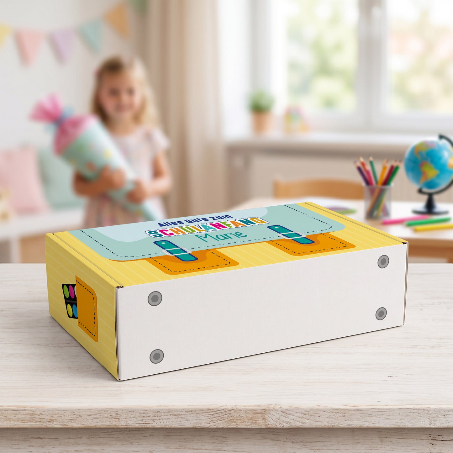 Geschenkverpackung zur Einschulung personalisiert mit Name | Schulranzen Design