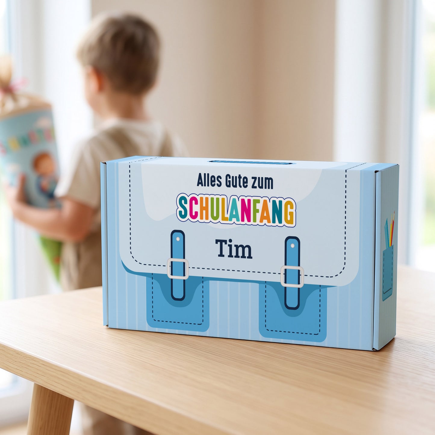 Geschenkverpackung zur Einschulung personalisiert mit Name | Schulranzen Design