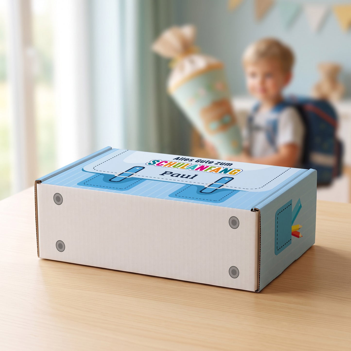 Geschenkverpackung zur Einschulung personalisiert mit Name | Schulranzen Design