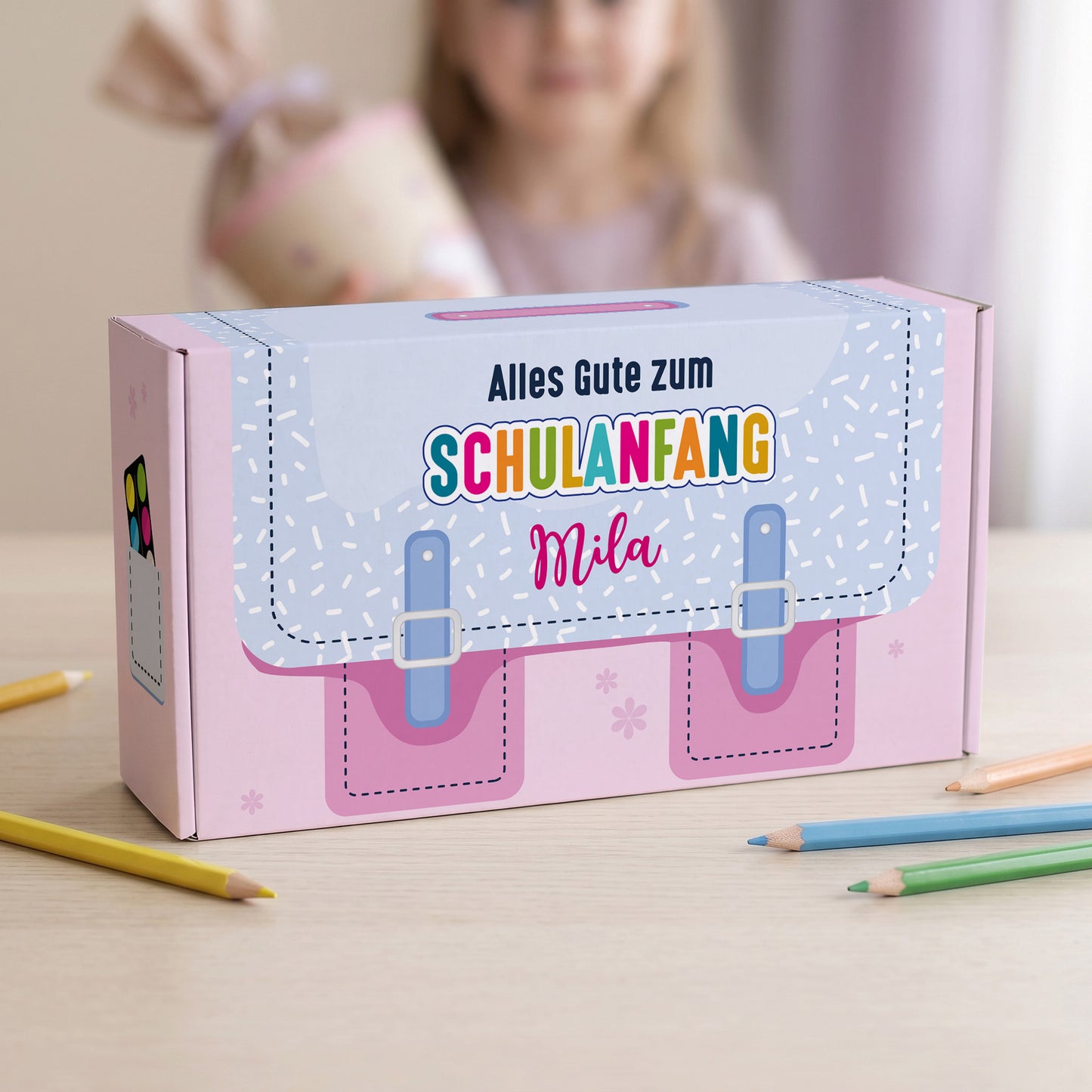 Geschenkverpackung zur Einschulung personalisiert mit Name | Schulranzen Design