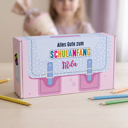 Geschenkverpackung zur Einschulung personalisiert mit Name | Schulranzen Design