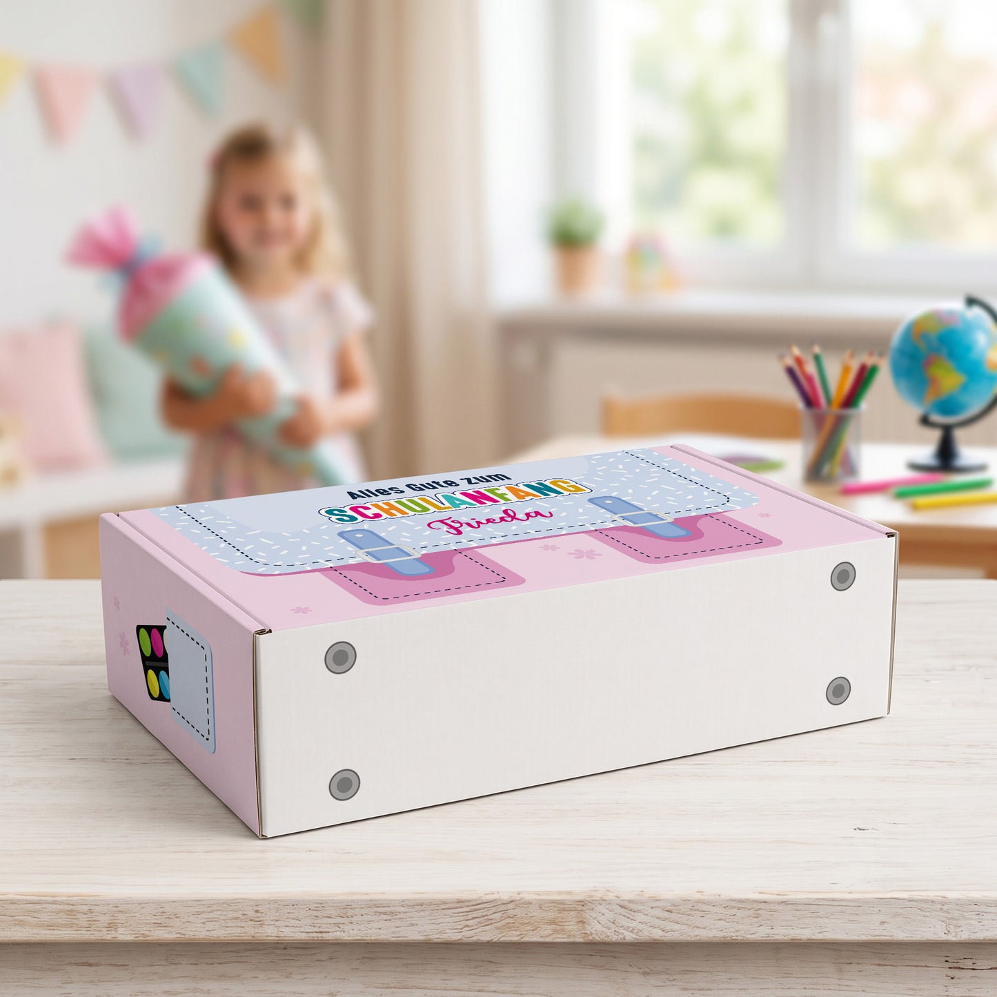 Geschenkverpackung zur Einschulung personalisiert mit Name | Schulranzen Design