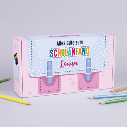 Geschenkverpackung zur Einschulung personalisiert mit Name | Schulranzen Design