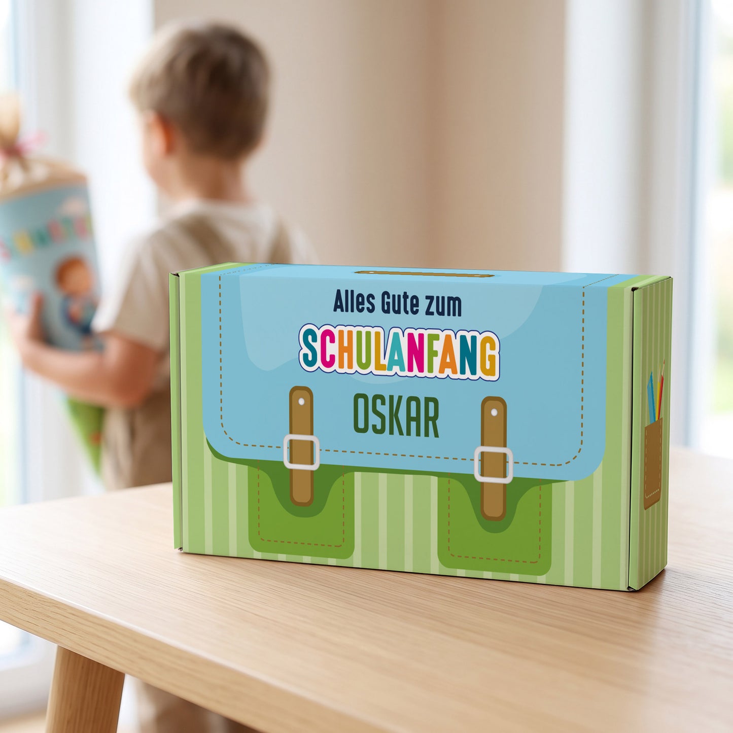 Geschenkverpackung zur Einschulung personalisiert mit Name | Schulranzen Design