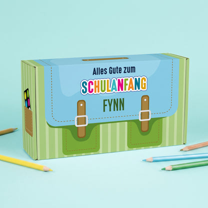 Geschenkverpackung zur Einschulung personalisiert mit Name | Schulranzen Design