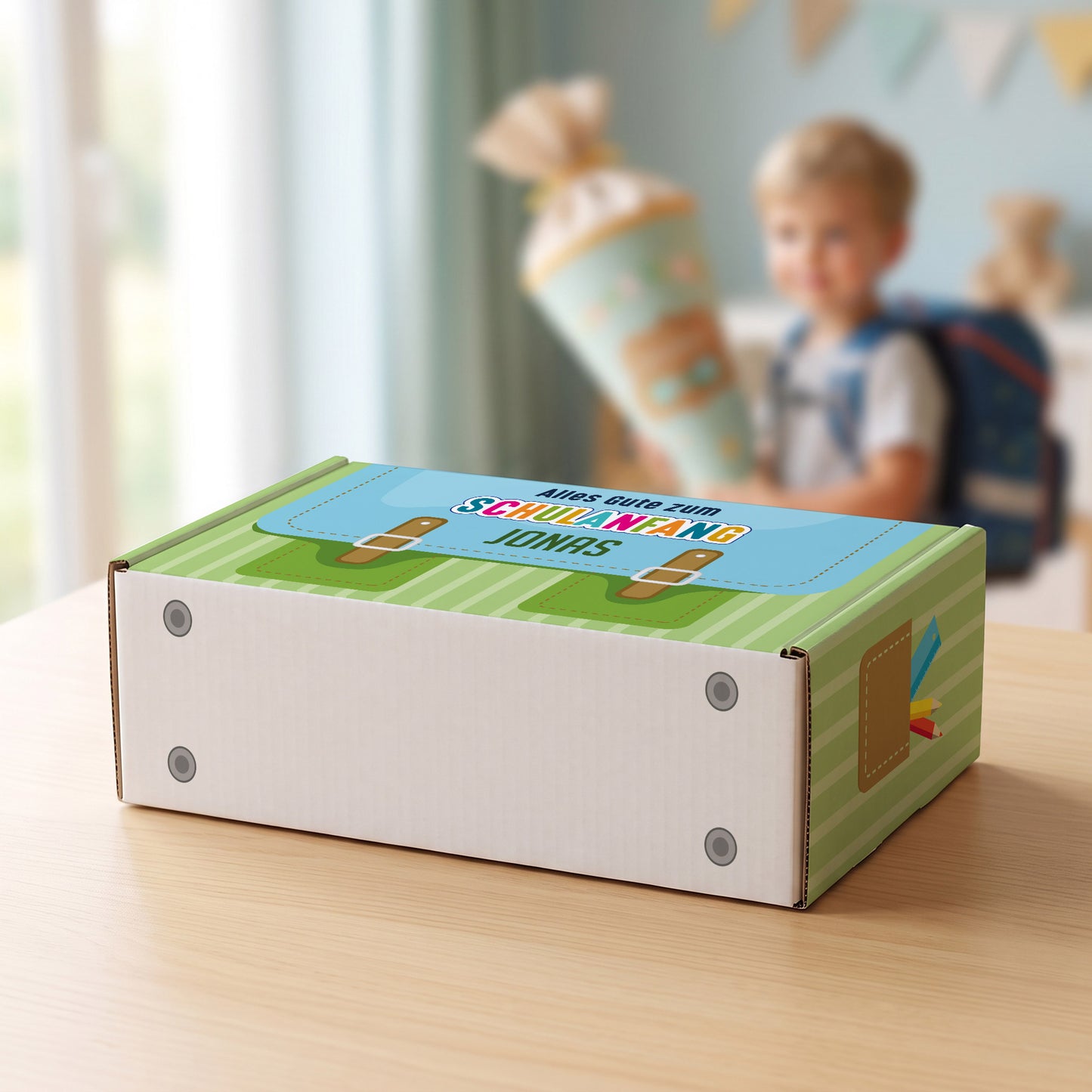 Geschenkverpackung zur Einschulung personalisiert mit Name | Schulranzen Design