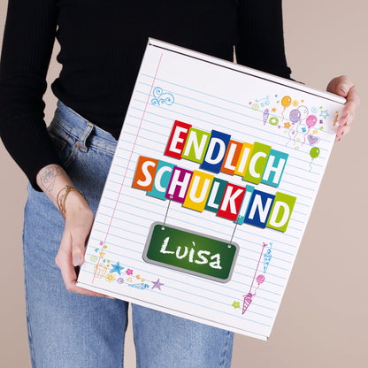 Geschenkkarton zur Einschulung personalisiert mit Name | Endlich Schulkind | 3 Größen