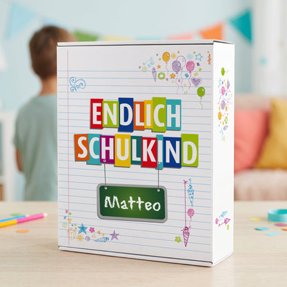 Geschenkkarton zur Einschulung personalisiert mit Name | Endlich Schulkind | 3 Größen