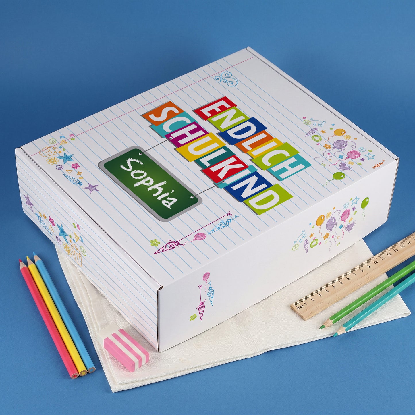 Geschenkkarton zur Einschulung personalisiert mit Name | Endlich Schulkind | 3 Größen
