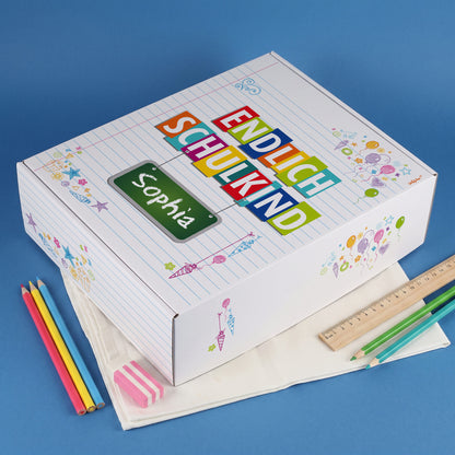Geschenkkarton zur Einschulung personalisiert mit Name | Endlich Schulkind | 3 Größen