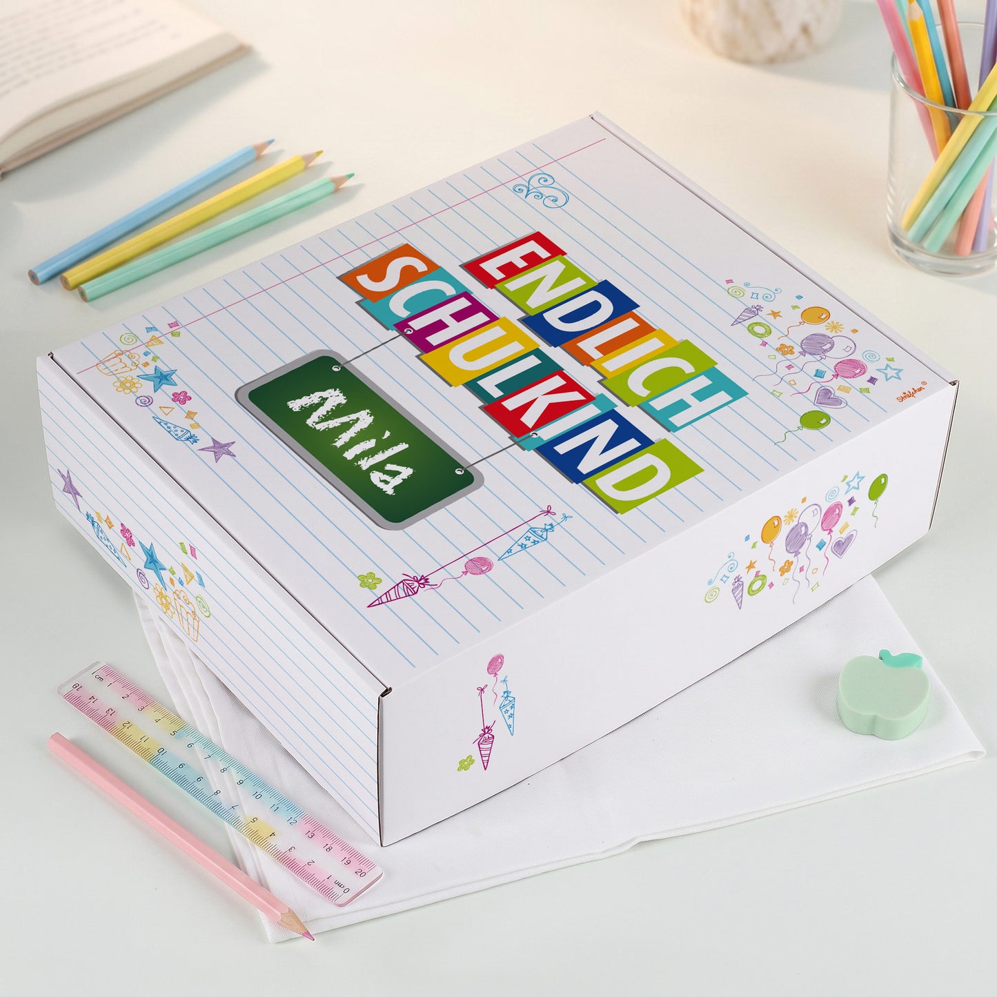 Geschenkkarton zur Einschulung personalisiert mit Name | Endlich Schulkind | 3 Größen