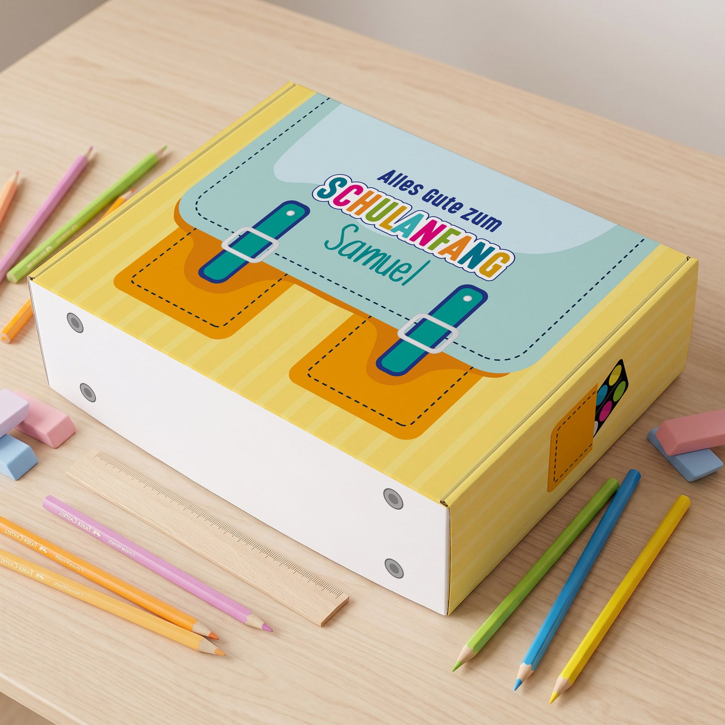 Geschenkverpackung zur Einschulung personalisiert mit Name | Schulranzen Design
