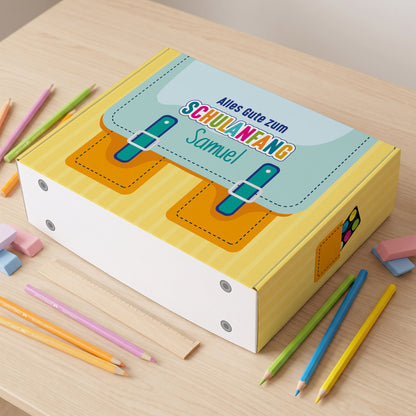 Geschenkverpackung zur Einschulung personalisiert mit Name | Schulranzen Design
