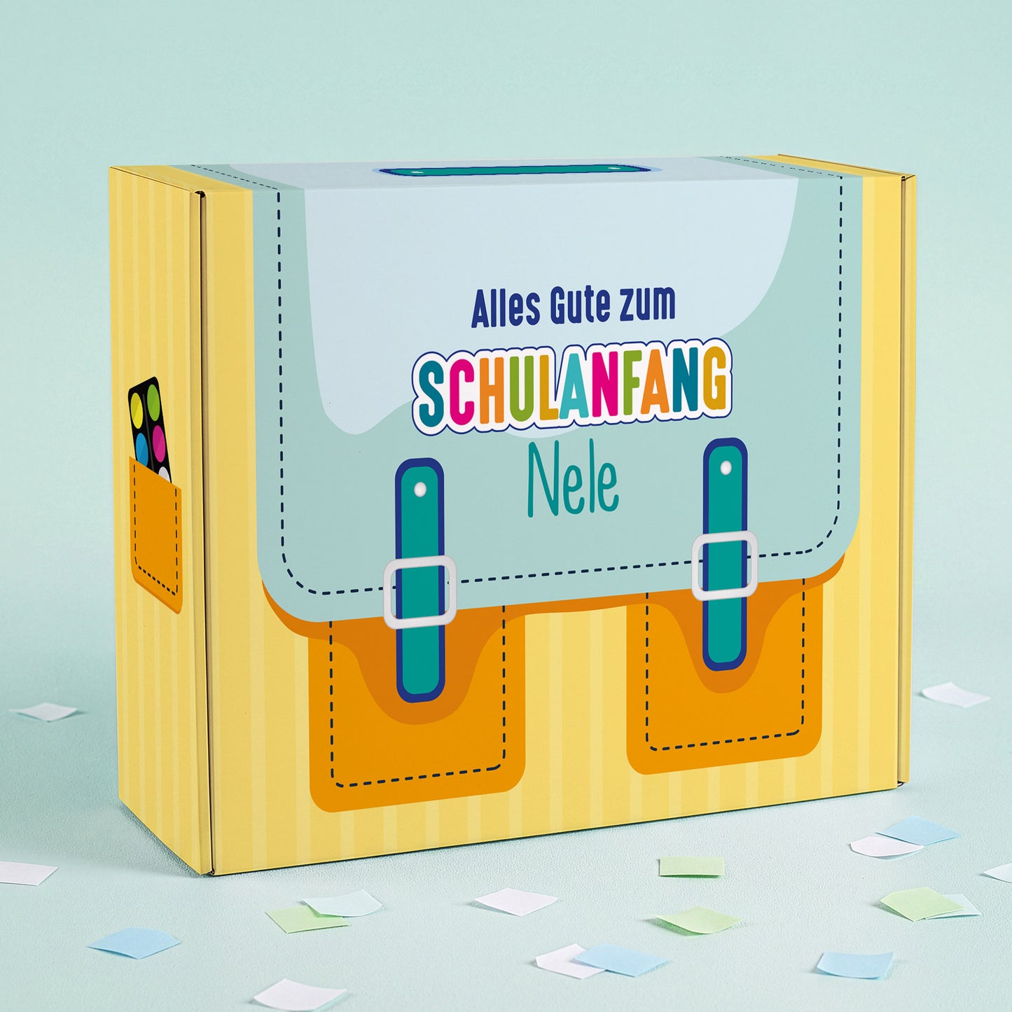 Geschenkverpackung zur Einschulung personalisiert mit Name | Schulranzen Design