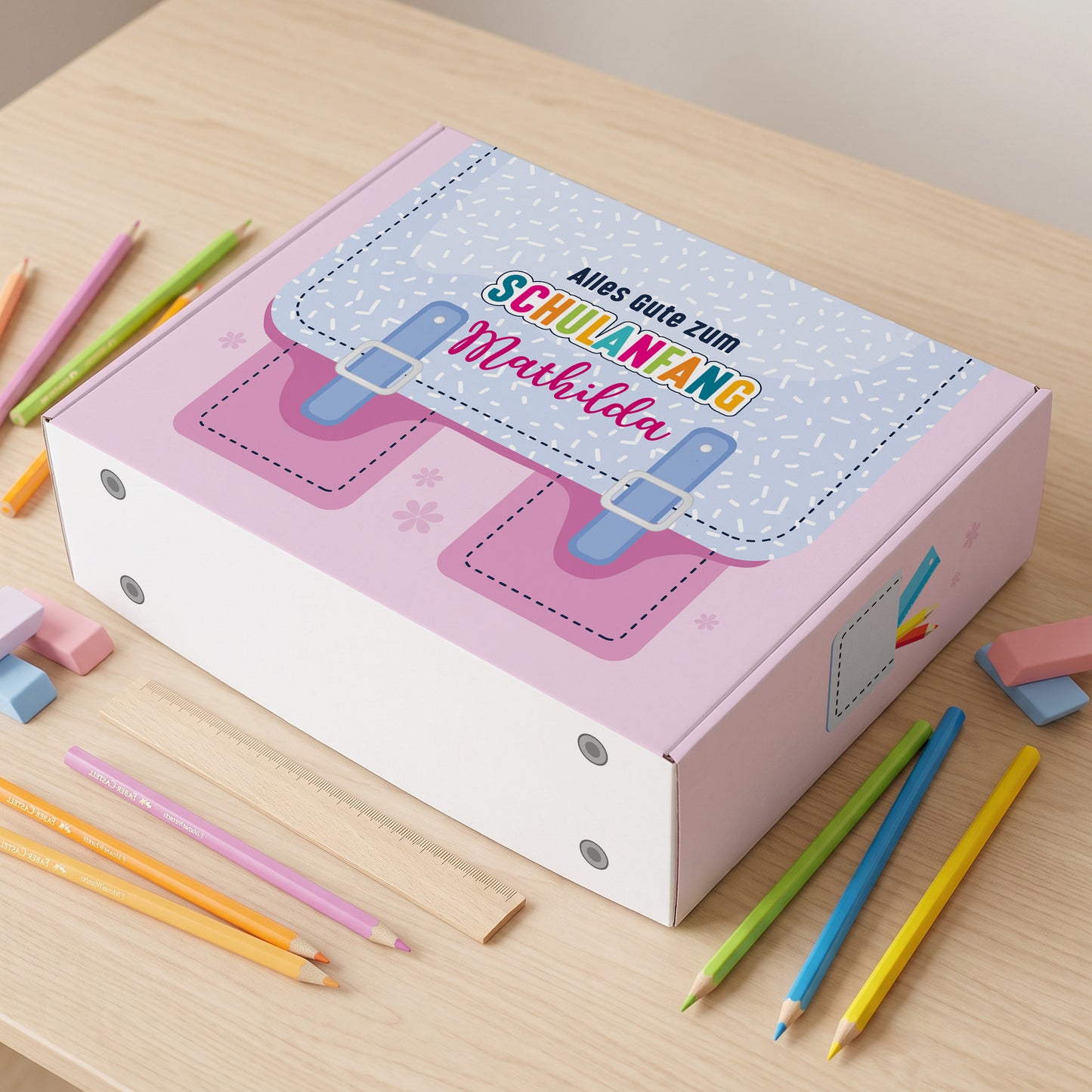 Geschenkverpackung zur Einschulung personalisiert mit Name | Schulranzen Design