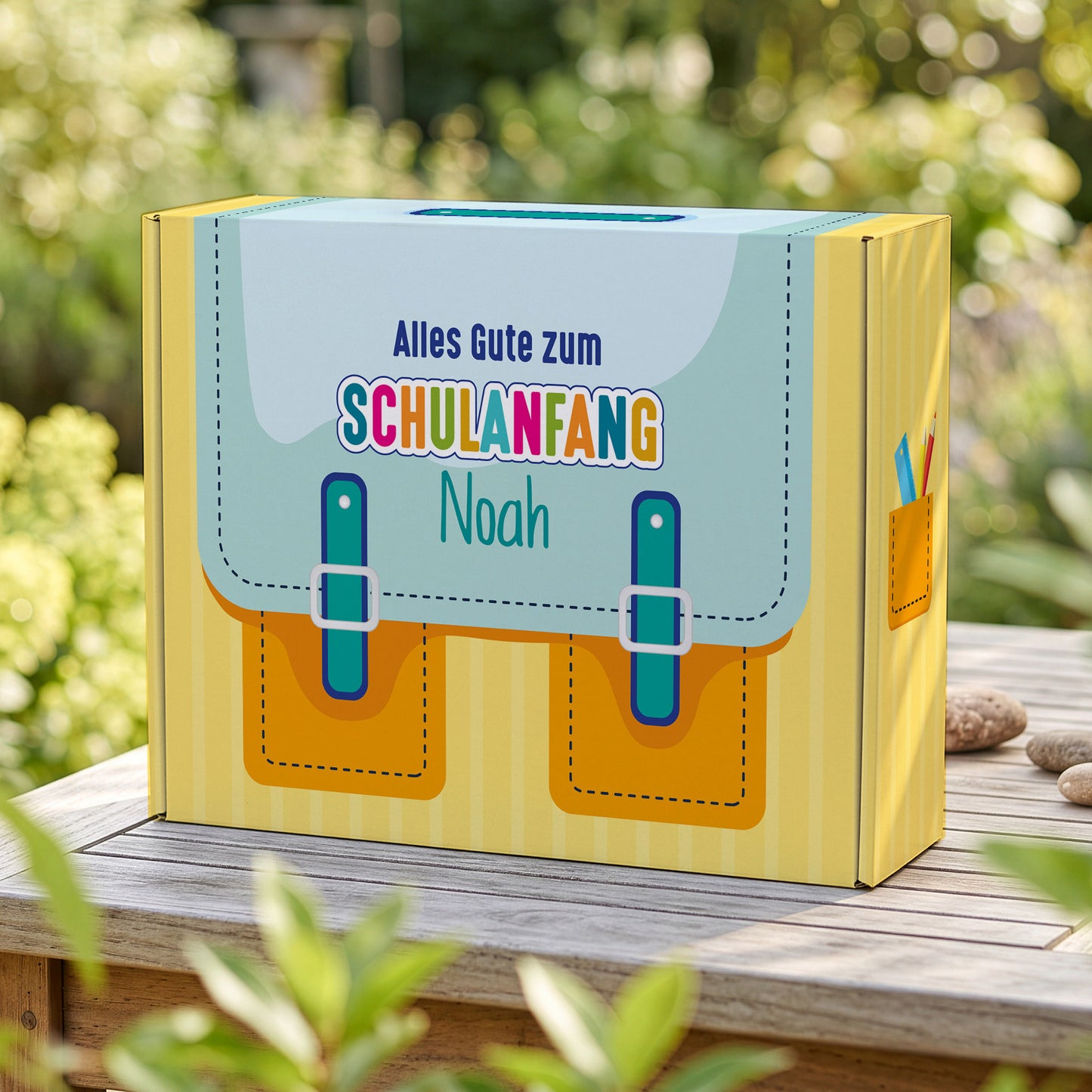 Geschenkverpackung zur Einschulung personalisiert mit Name | Schulranzen Design