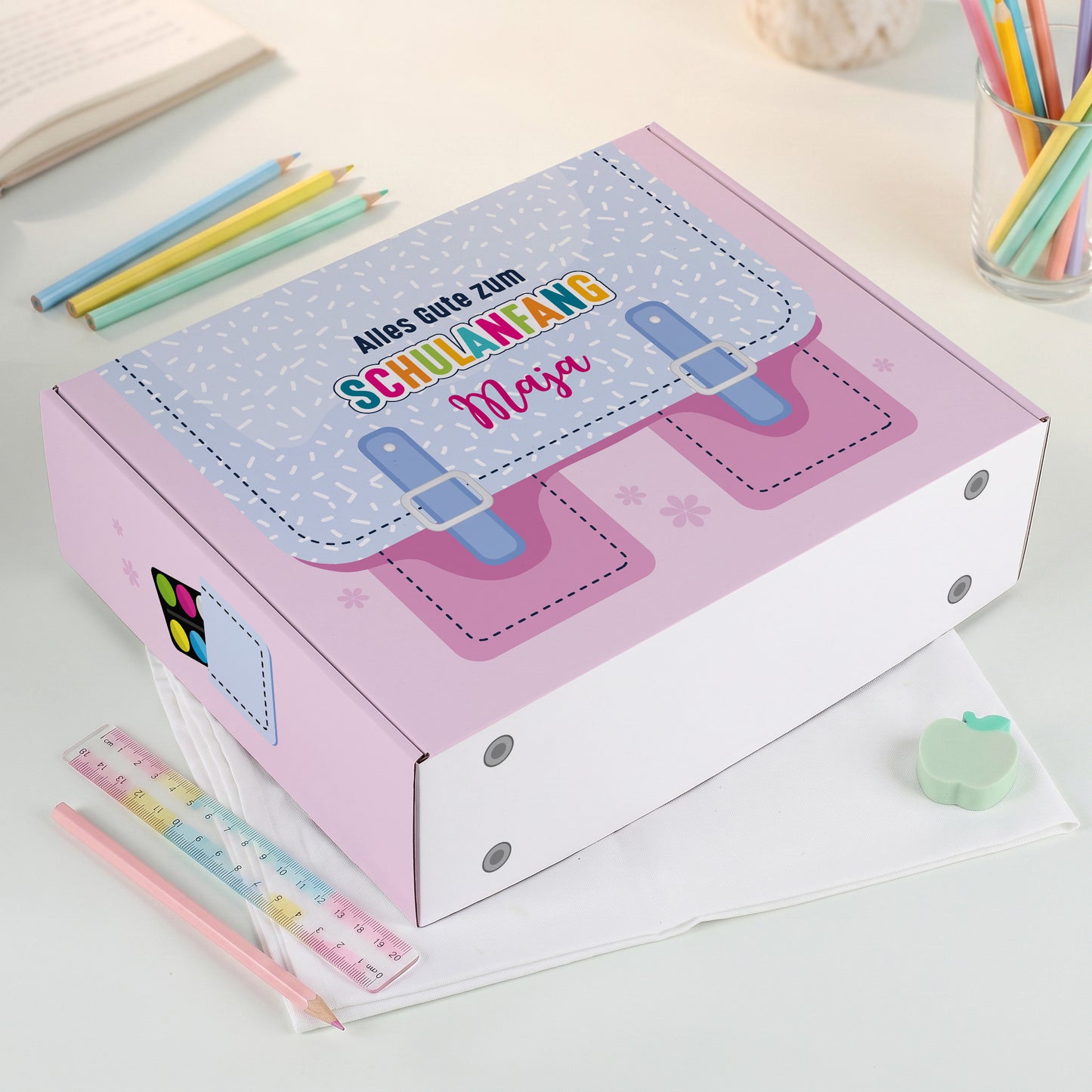 Geschenkverpackung zur Einschulung personalisiert mit Name | Schulranzen Design