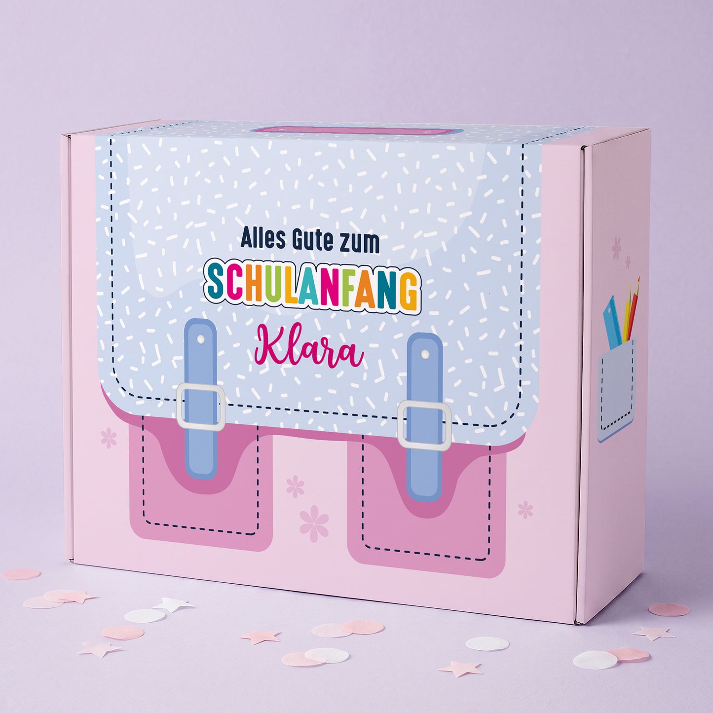 Geschenkverpackung zur Einschulung personalisiert mit Name | Schulranzen Design