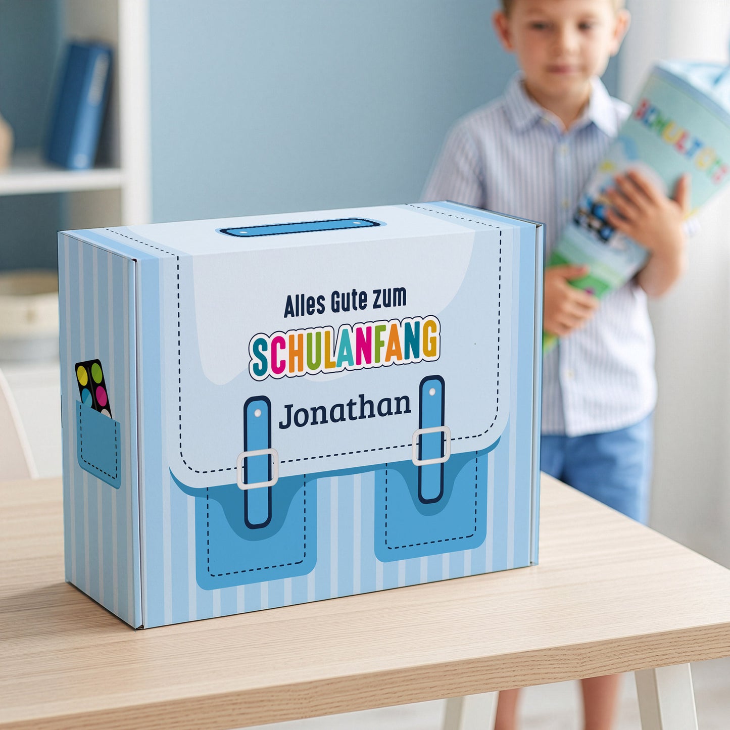 Geschenkverpackung zur Einschulung personalisiert mit Name | Schulranzen Design