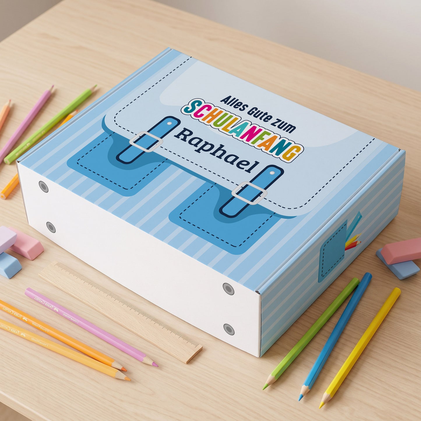 Geschenkverpackung zur Einschulung personalisiert mit Name | Schulranzen Design