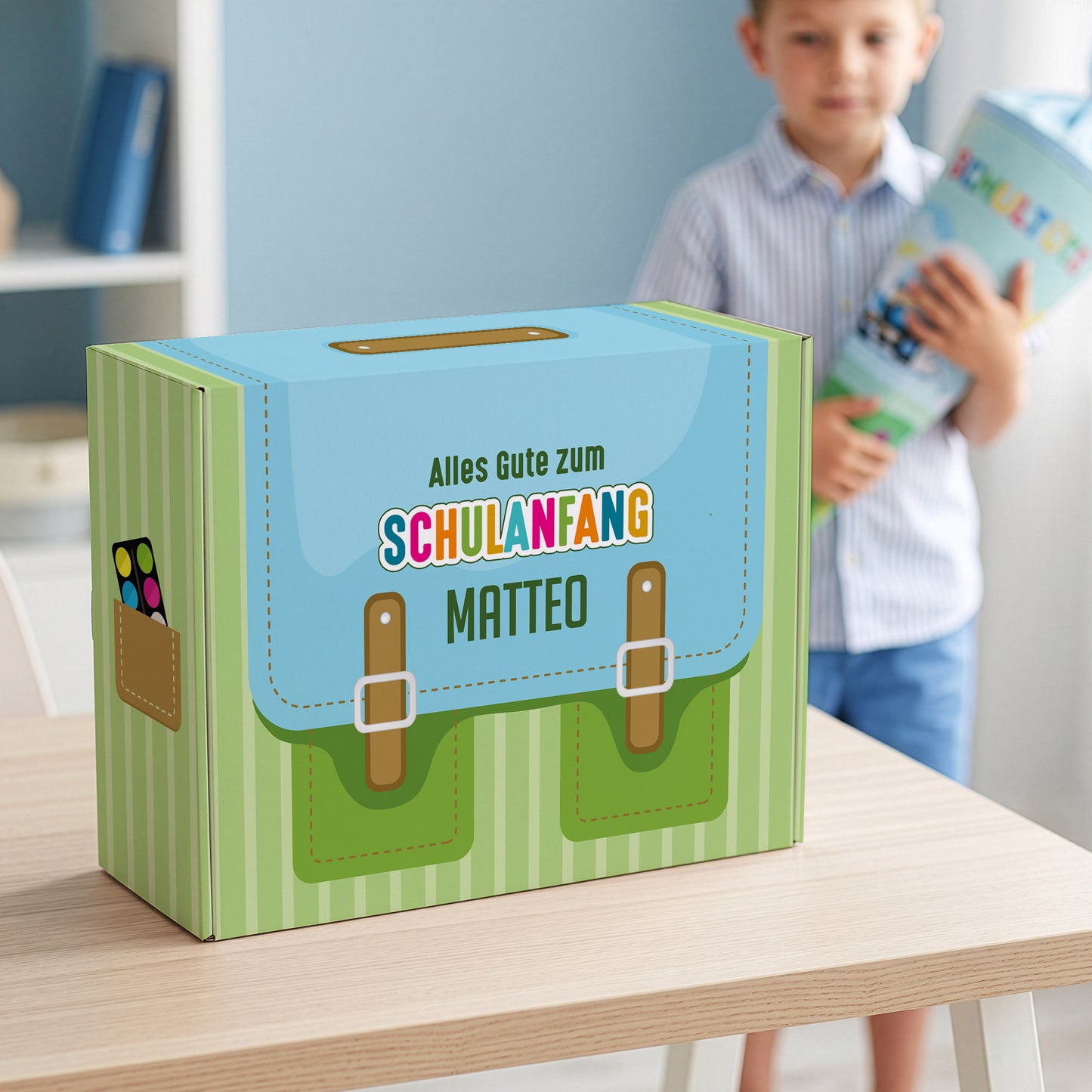 Geschenkverpackung zur Einschulung personalisiert mit Name | Schulranzen Design