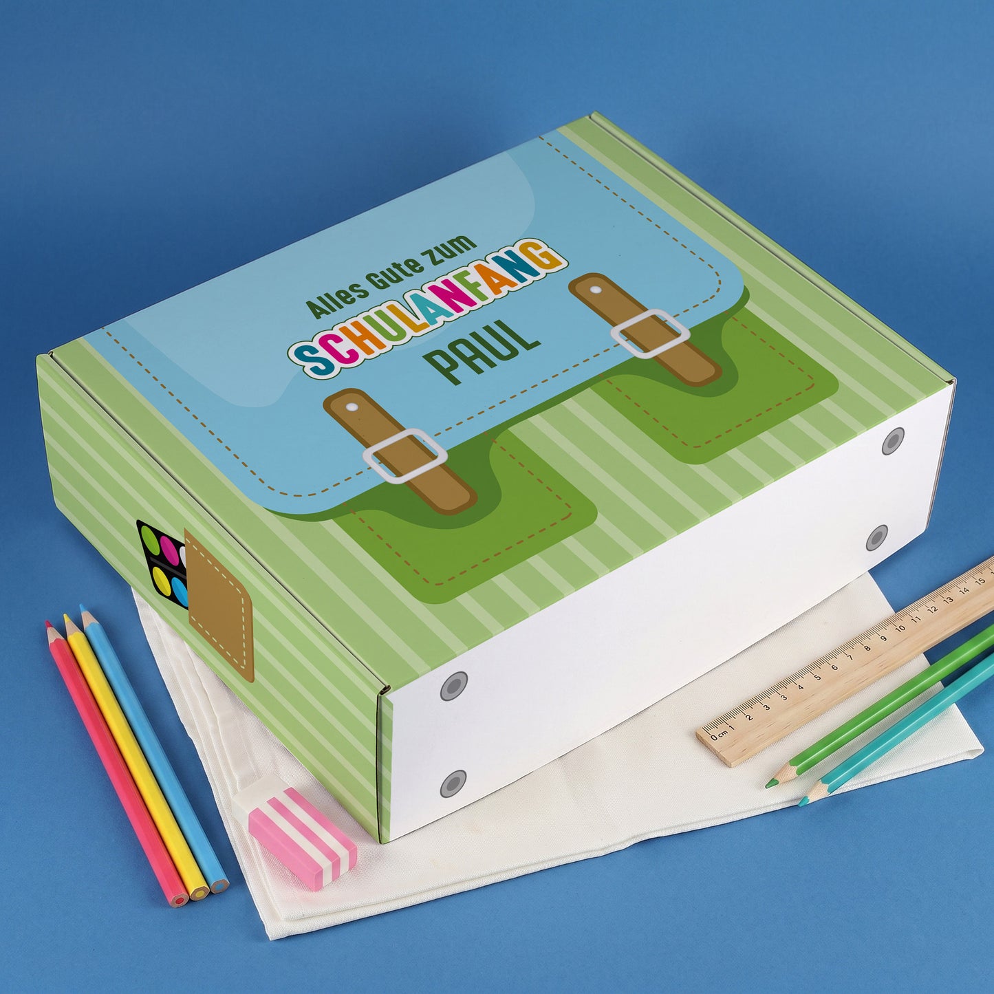 Geschenkverpackung zur Einschulung personalisiert mit Name | Schulranzen Design