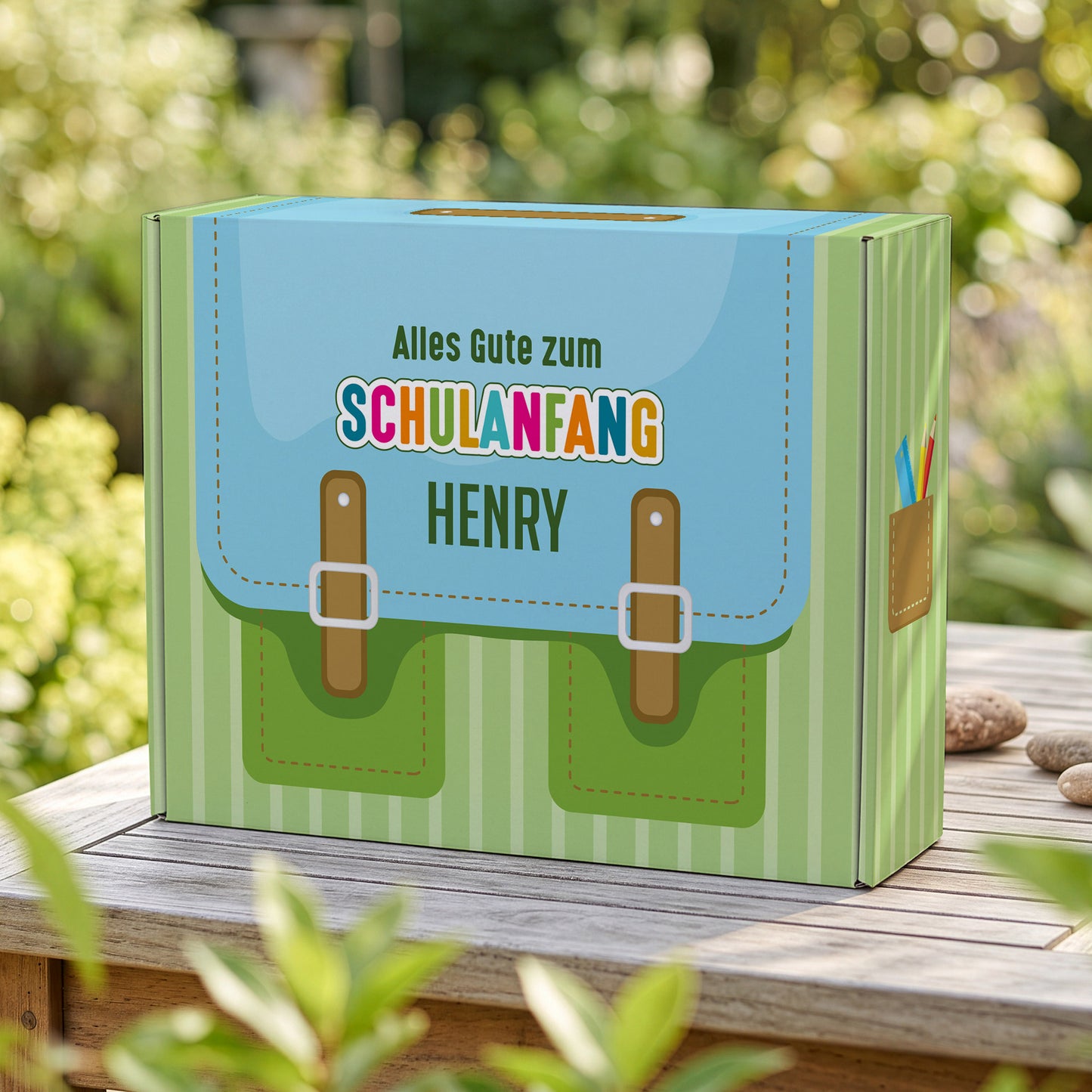 Geschenkverpackung zur Einschulung personalisiert mit Name | Schulranzen Design