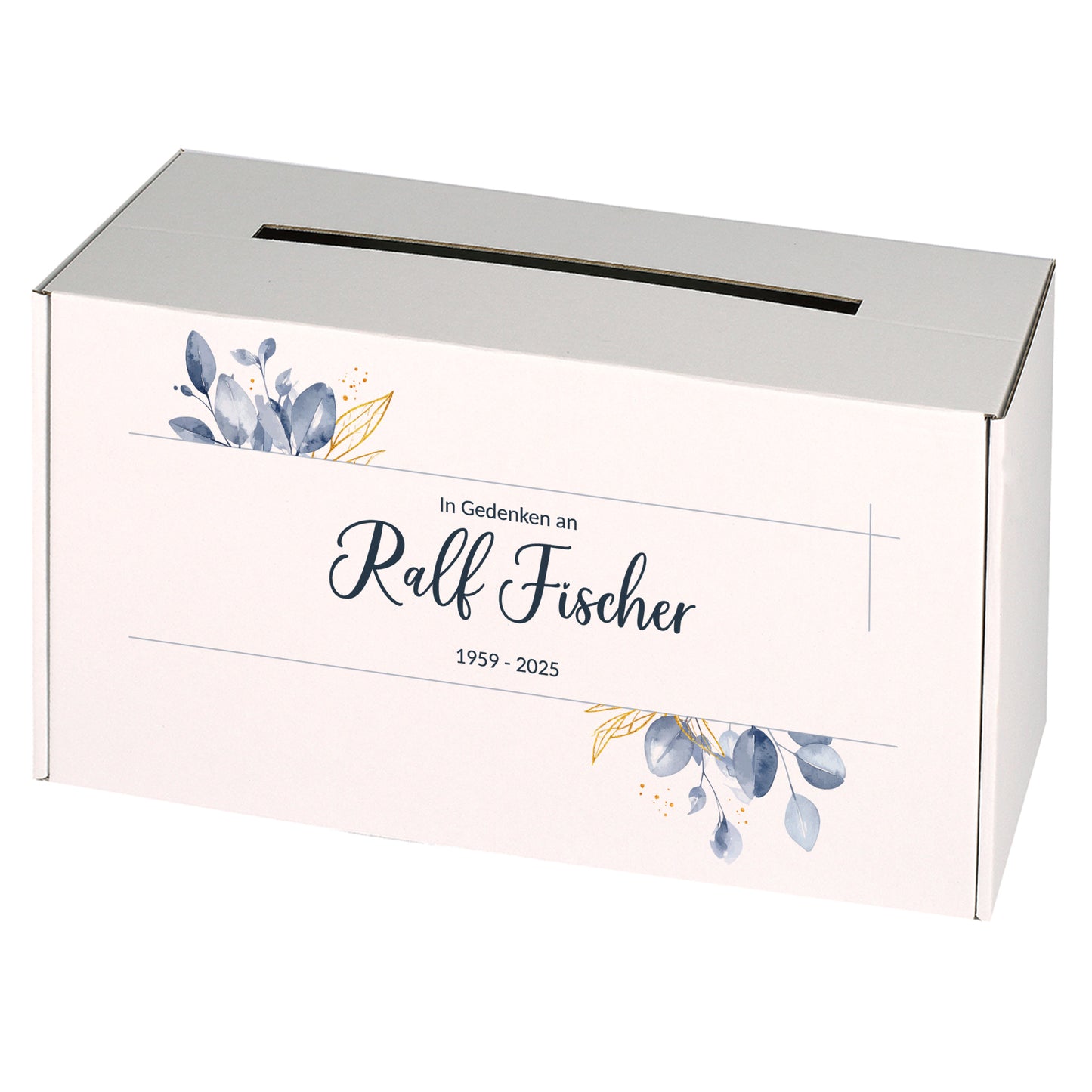 Personalisierte Kondolenzbox für Trauerbriefe, Name und Datum, weißer Karton, stabil, bedruckt mit Blättermotiv, seitlicher Briefschlitz.