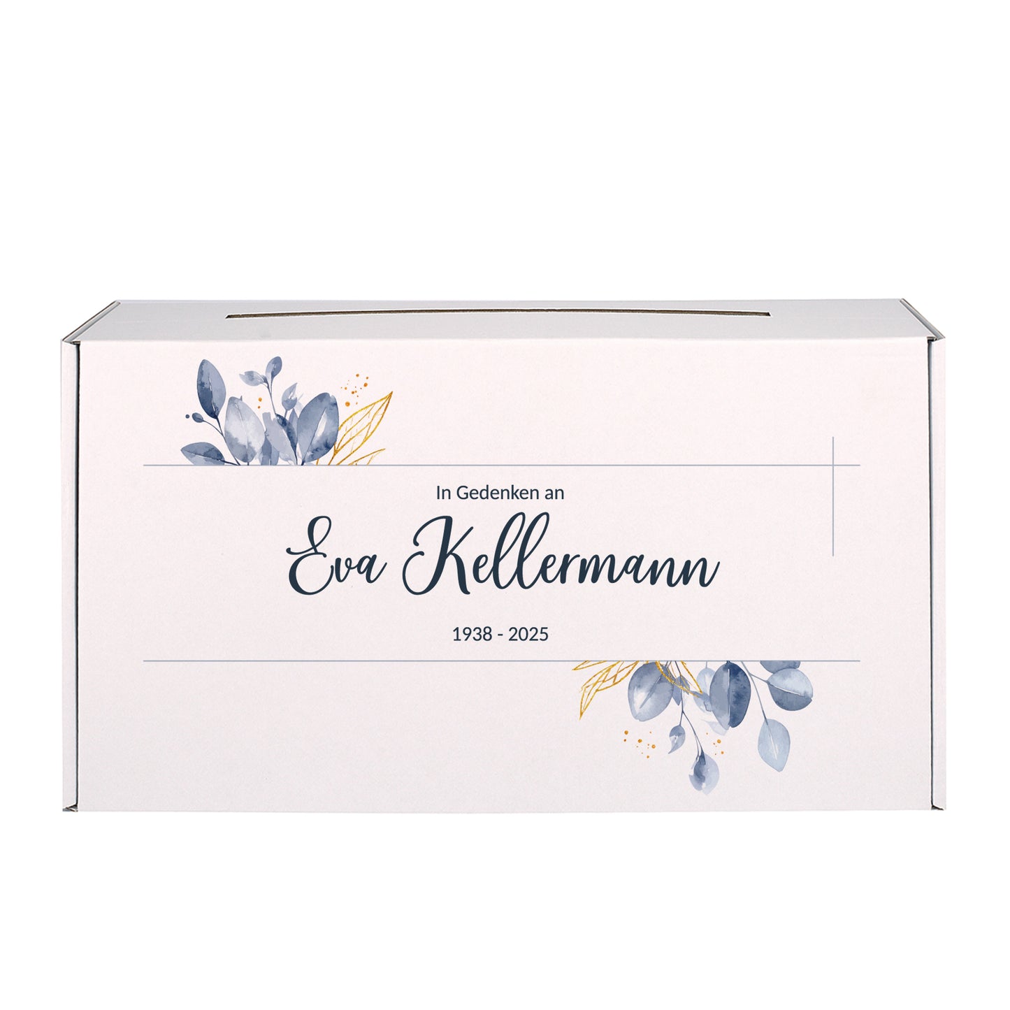 Weiße Briefbox für Trauerfeiern, personalisierbar mit Name und Datum, stabiler Karton, bedruckt mit Blattmotiv, ideal für Kondolenzkarten.