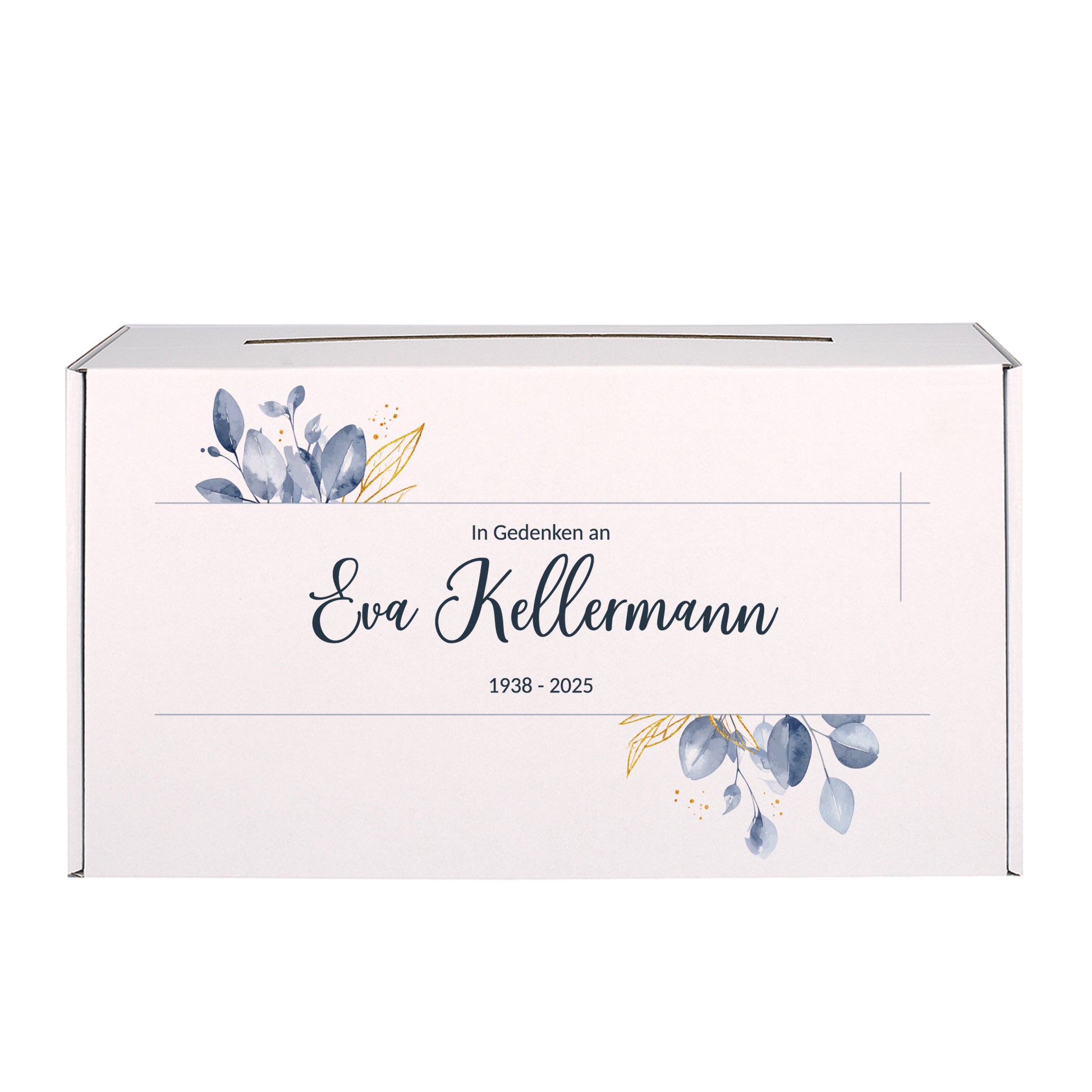 Weiße Briefbox für Trauerfeiern, personalisierbar mit Name und Datum, stabiler Karton, bedruckt mit Blattmotiv, ideal für Kondolenzkarten.