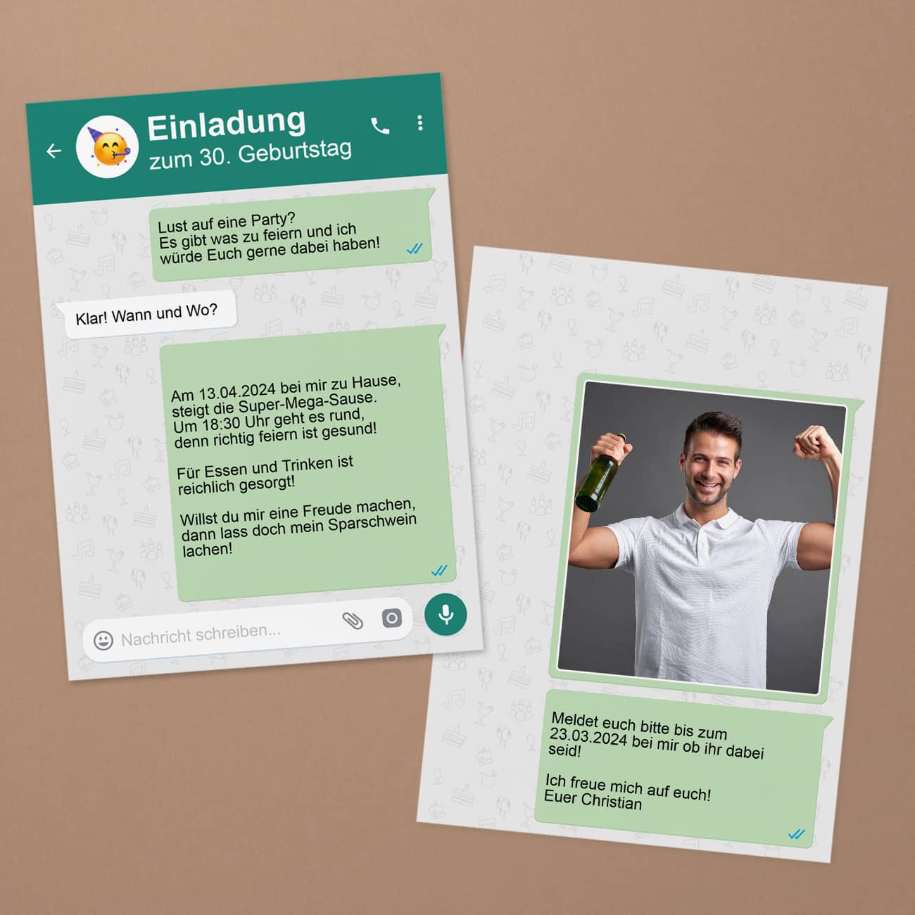 Lustige Einladungskarte zum Geburtstag als Chatverlauf