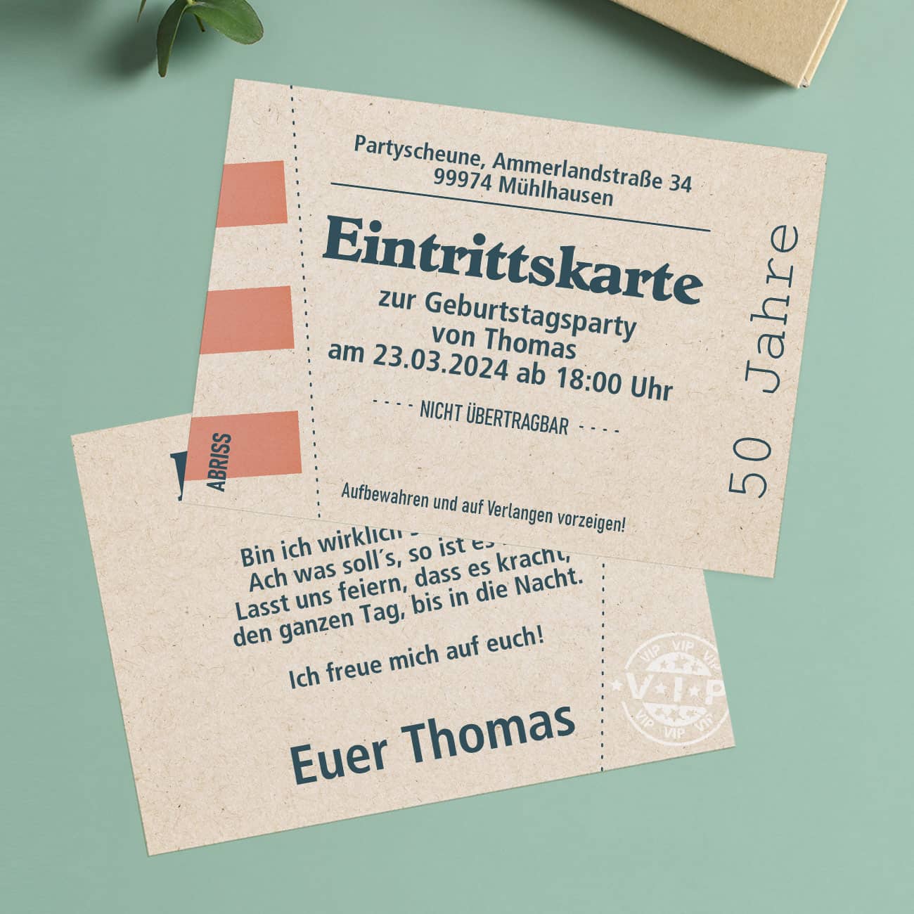 Geburtstagseinladung gestaltet als Eintrittskarte mit Personalisierung