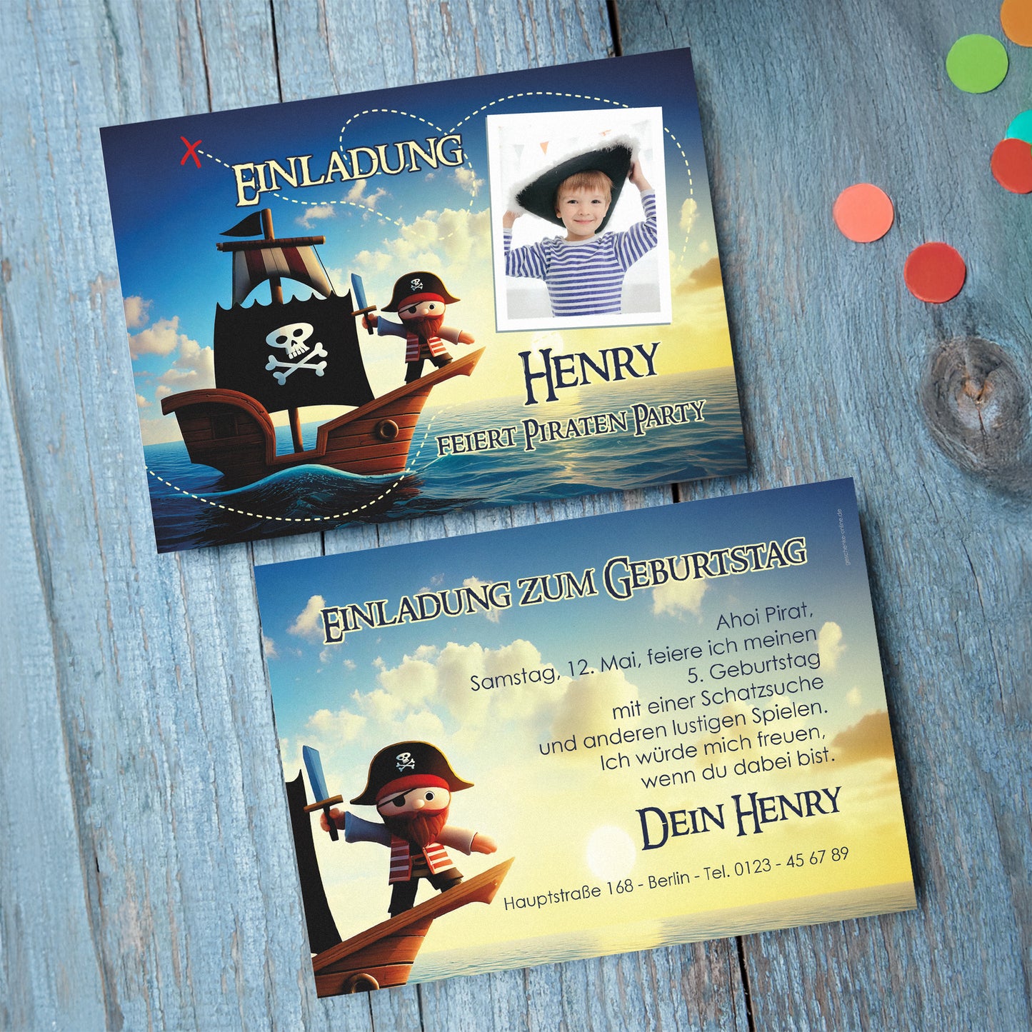 Einladungskarte zum Kindergeburtstag mit Piratenmotiv und Foto