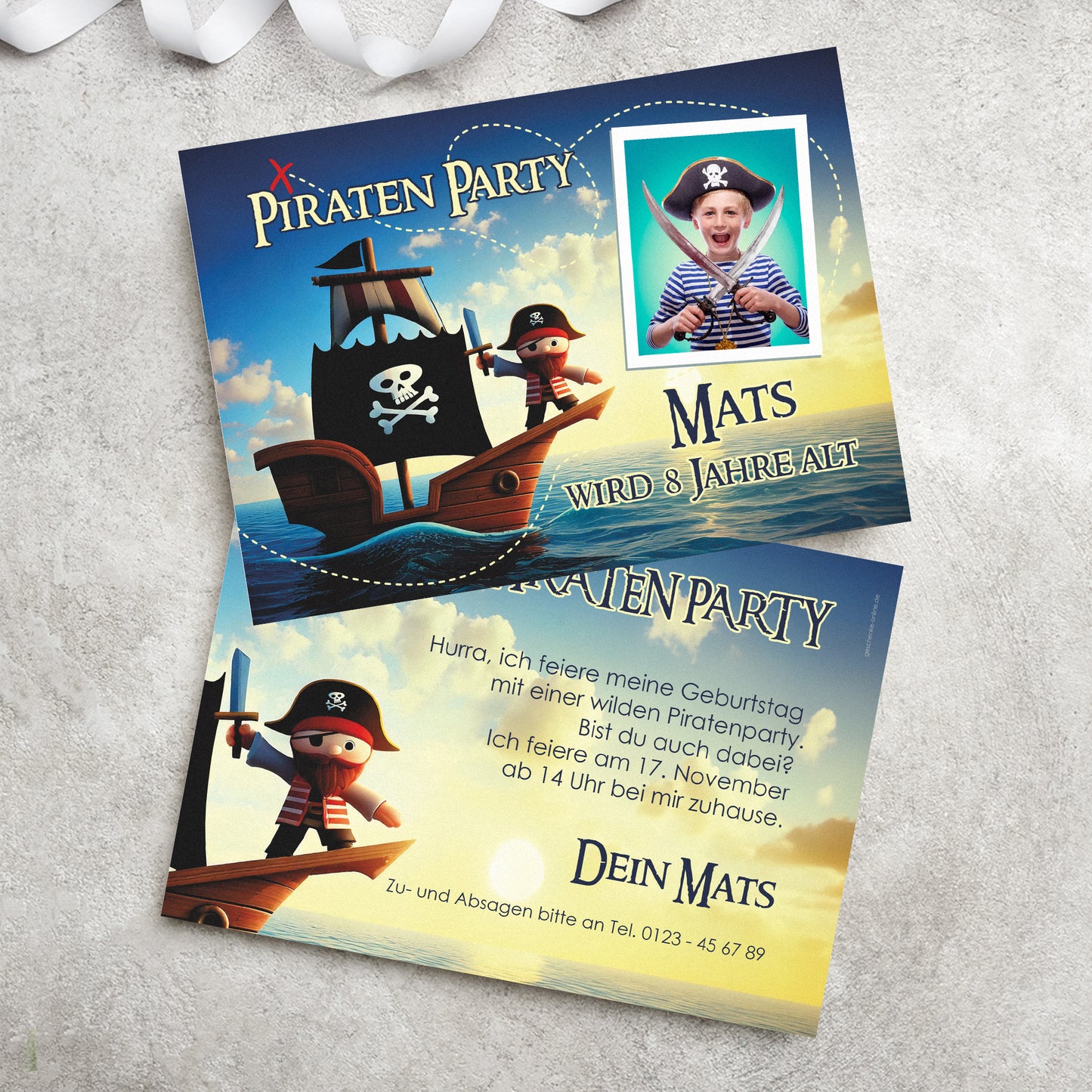 Einladungskarte zum Kindergeburtstag mit Piratenmotiv und Foto