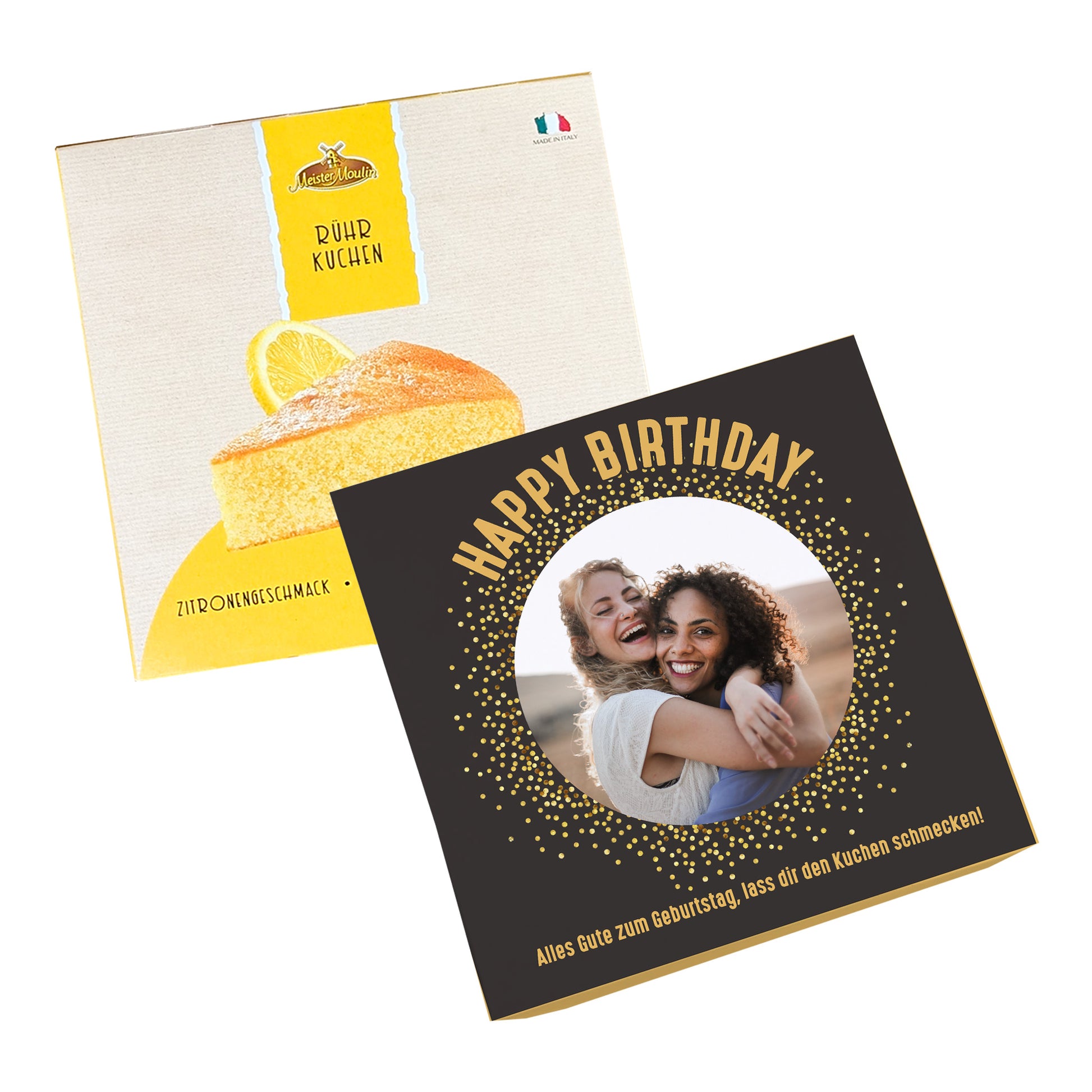Kombination aus Zitronenkuchenverpackung und personalisierter Geburtstagsbox mit Foto