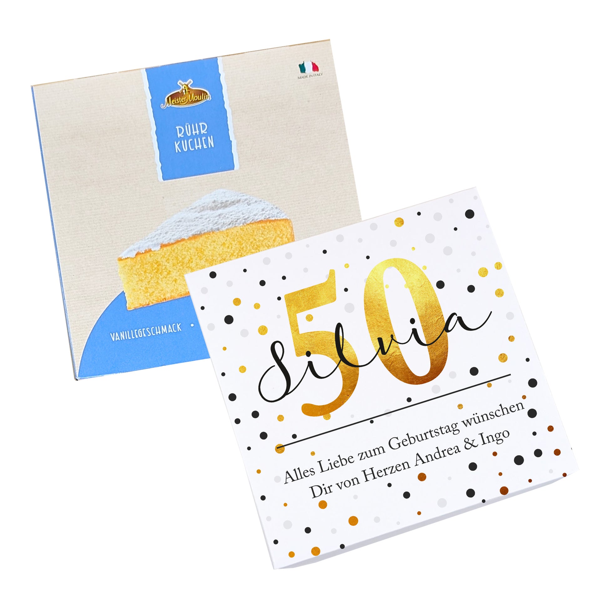 Geschenkbox mit 50 und Name Silvia neben Vanillekuchen-Packung freigestellt