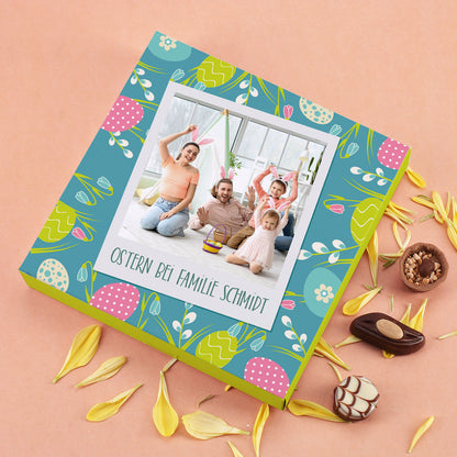 Bunte Osterpralinen mit Lindt-Schokolade, Foto und einem persönlichen Text