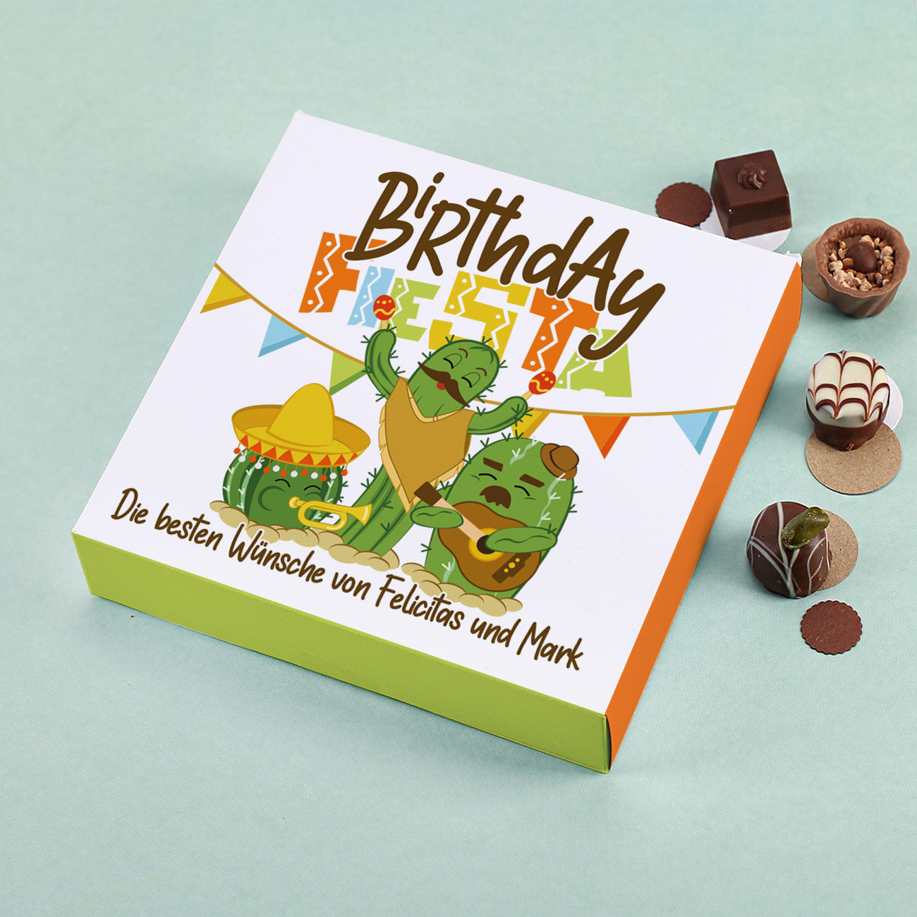 Pralinenverpackung zum Geburtstag mit Party-Kakteen und Ihrem Wunschtext