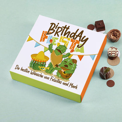 Pralinenverpackung zum Geburtstag mit Party-Kakteen und Ihrem Wunschtext