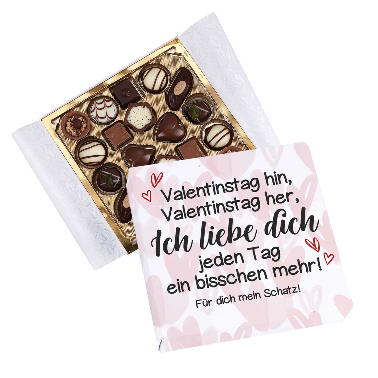 Ich liebe dich jeden Tag ein bisschen mehr! - 100g Lindt Pralinen mit Ihrem Wunschtext bedruckt