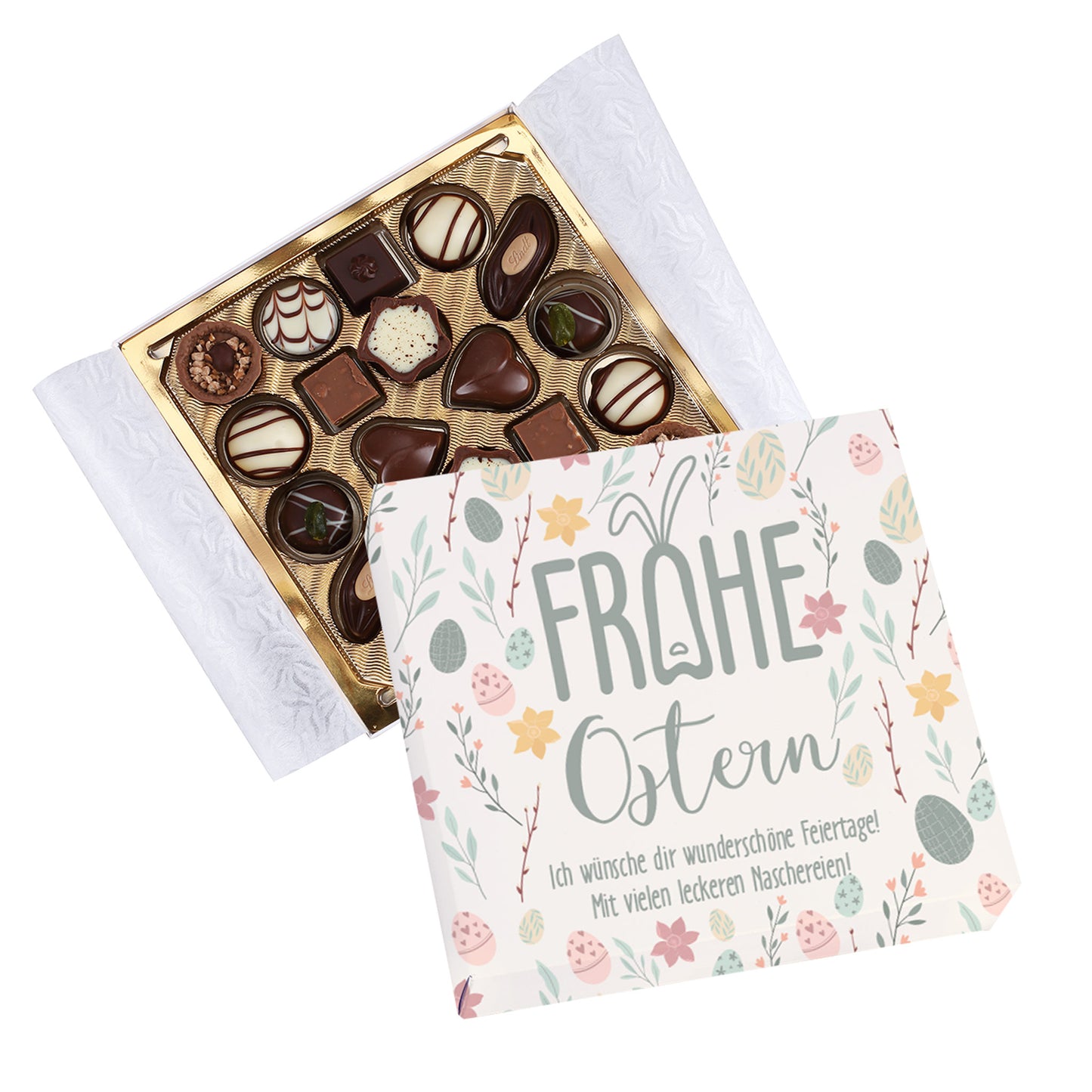 Pralinenbox "Frohe Ostern" mit Wunschtext und Hasenohren zum Osterfest | Lindt