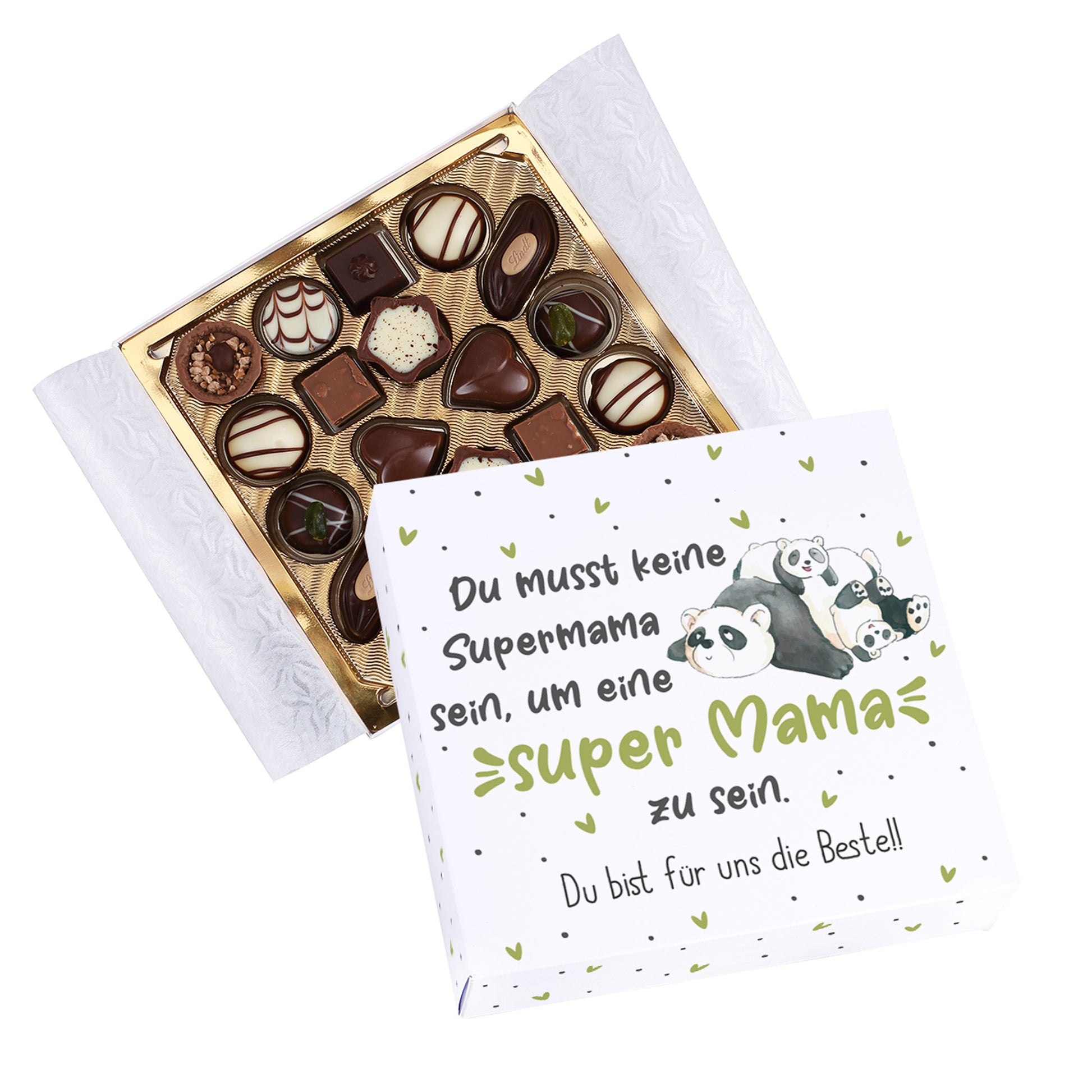 Super Mama Panda Pralinenbox halb geöffnet mit sichtbarem Inhalt