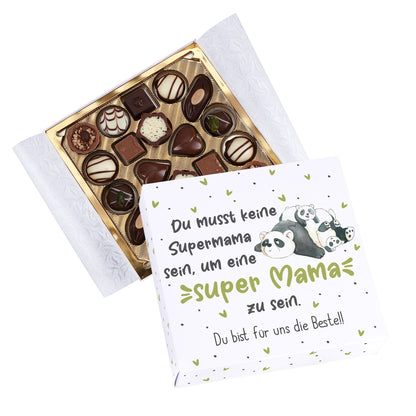Super Mama Panda Pralinenbox halb geöffnet mit sichtbarem Inhalt