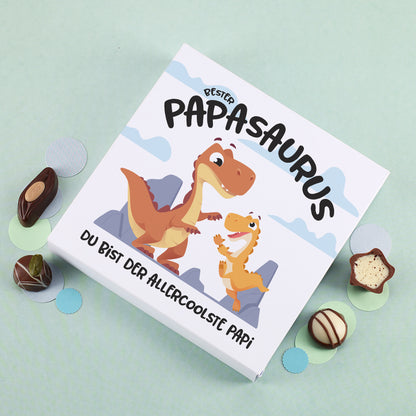 Personalisierte Lindt Pralinen mit Dino Motiv „Bester Papasaurus“ und Wunschtext für Papa