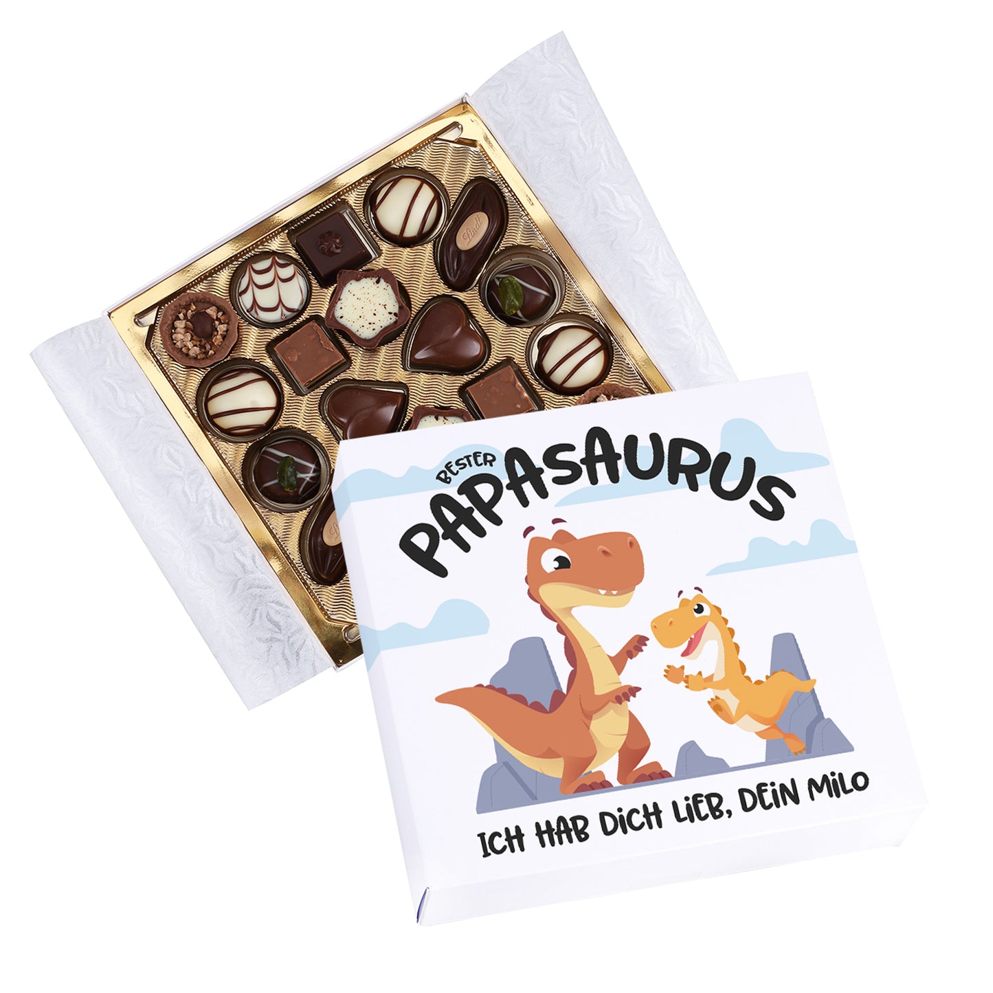 Personalisierte Lindt Pralinen mit Dino Motiv und Wunschtext halb geöffnete Geschenkbox mit Lindt Pralinés