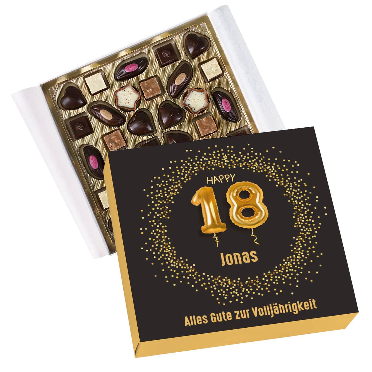155g Lindt Pralinen zum 18. Geburtstag mit Name und Wunschtext