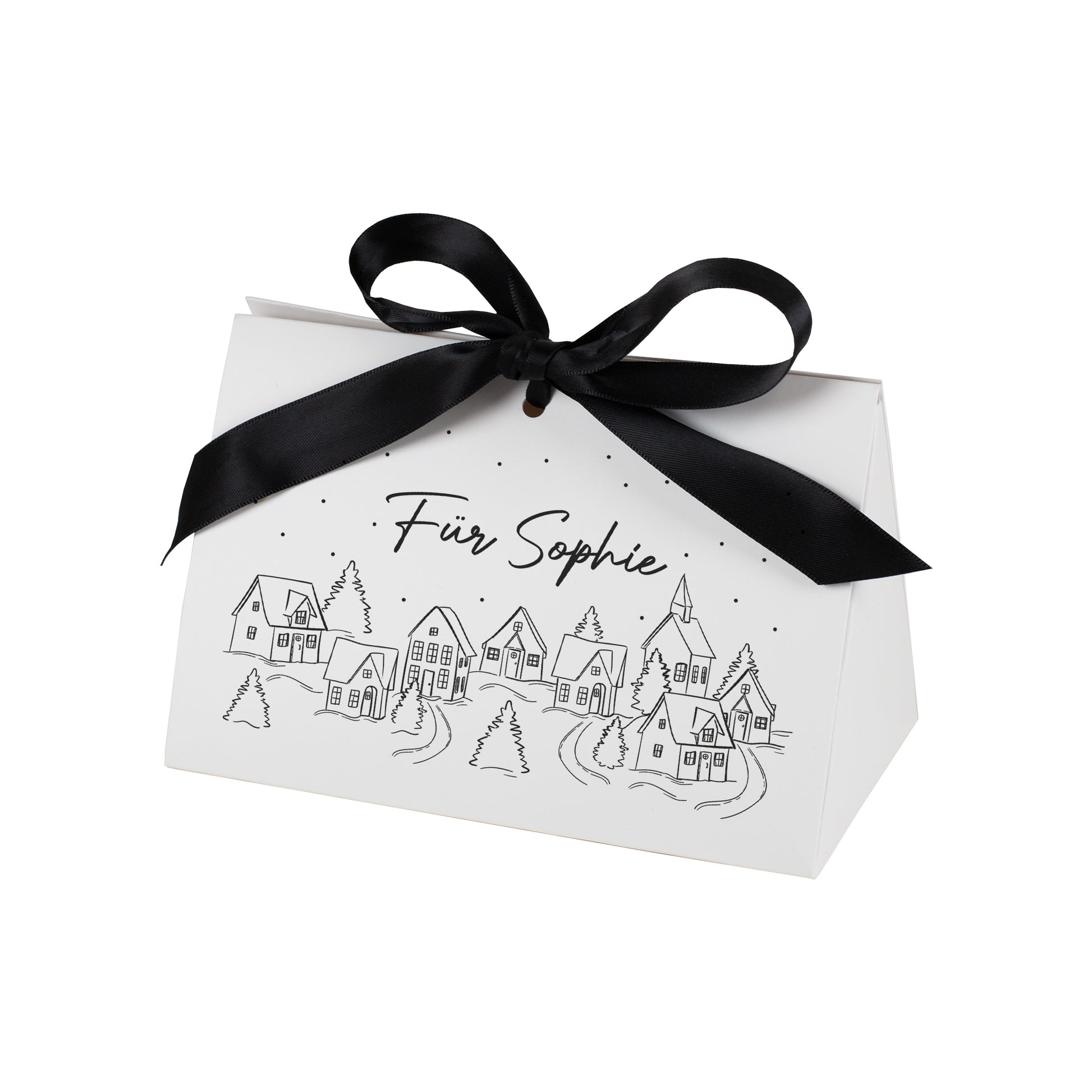 Freigestellte Geschenktasche in kleinster Größe mit Winterdorf-Motiv und Text „Für Sophie“, fotografiert vor weißem Studiohintergrund.