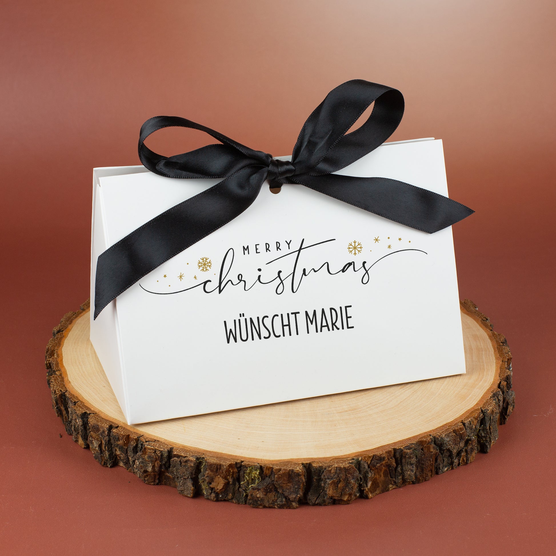 Personalisierte Merry-Christmas Geschenktasche mit schwarzer Schleife mittlere Größe